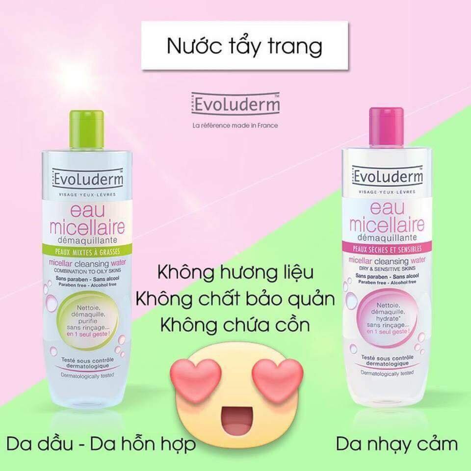 Nước tẩy trang không cồn Evoluderm Micellar Cleansing Water