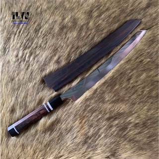 TLVN-Dao Làm Bếp Kiritsuke Yanagi cắt sashimi lưỡi cong thép N690 Bohler cán gỗ mun khâu sừng trâu