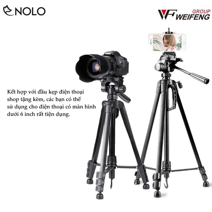 Tripod Máy Ảnh Điện Thoại Weifeng WT3520 Thân Hợp Kim Nhôm Magie Chịu Tải 3Kg Tặng Kèm Túi Và Đầu Kẹp Điện Thoại