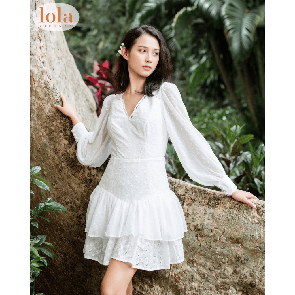 Đầm Trắng Tiểu Thư LOLA VIETNAM Tay Dài Thiết Kế Váy Nữ Xòe Sang Trọng Dự Tiệc Tầng Phồng DA12