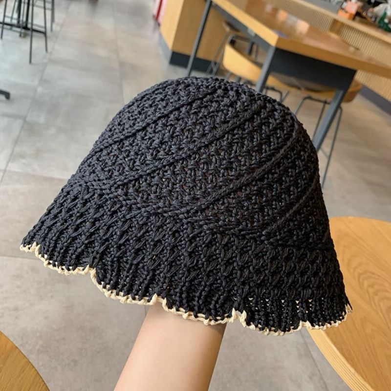 Mũ Bucket Sợi Đan Trơn Dáng Sụp Viền Đen Nữ Tính