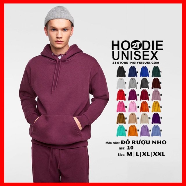 Áo hoodie unisex 2T Store H10 màu đỏ rượu nho - Áo khoác nỉ chui đầu nón 2 lớp dày dặn đẹp chất lượng | BigBuy360 - bigbuy360.vn