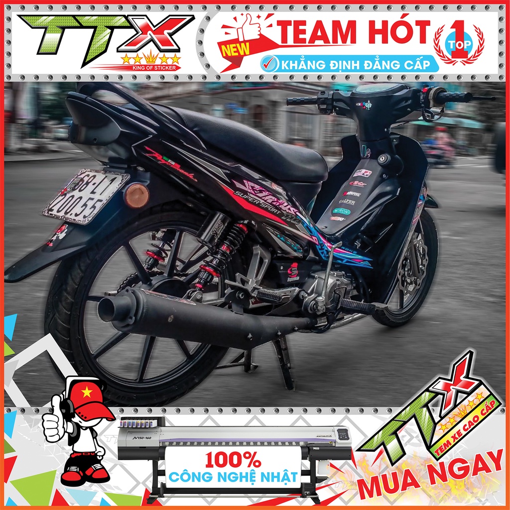 Tem chế sirius 110 tia chớp , Team rời sirius dán xe màu đen chữ hồng siêu đẹp , Shop TTX Tem sirius mã