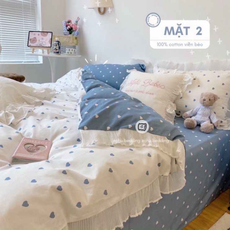 Bộ chăn ga gối chất liệu COTTON 100% viền bèo tim Châu Báu Bedding Miều Bedding