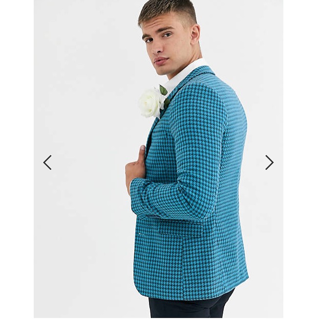 ÁO KHOÁC VEST NAM ASOS DESIGN Wedding siêu mỏng mix blazer len họa tiết houndstooth bản lớn màu xanh