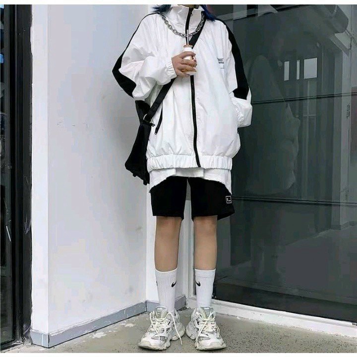 Áo Khoác Dù Nữ Cổ Trụ Màu Trắng Phối Sọc Tay Form Rộng Mặc Đẹp Che Nắng Tốt NEW UNISEX