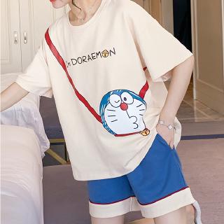 Bộ Đồ Ngủ Tay Ngắn Chất Cotton Dáng Rộng In Họa Tiết Mèo Máy Doraemon Phong Cách Hàn Quốc Thời Trang Cho Nữ