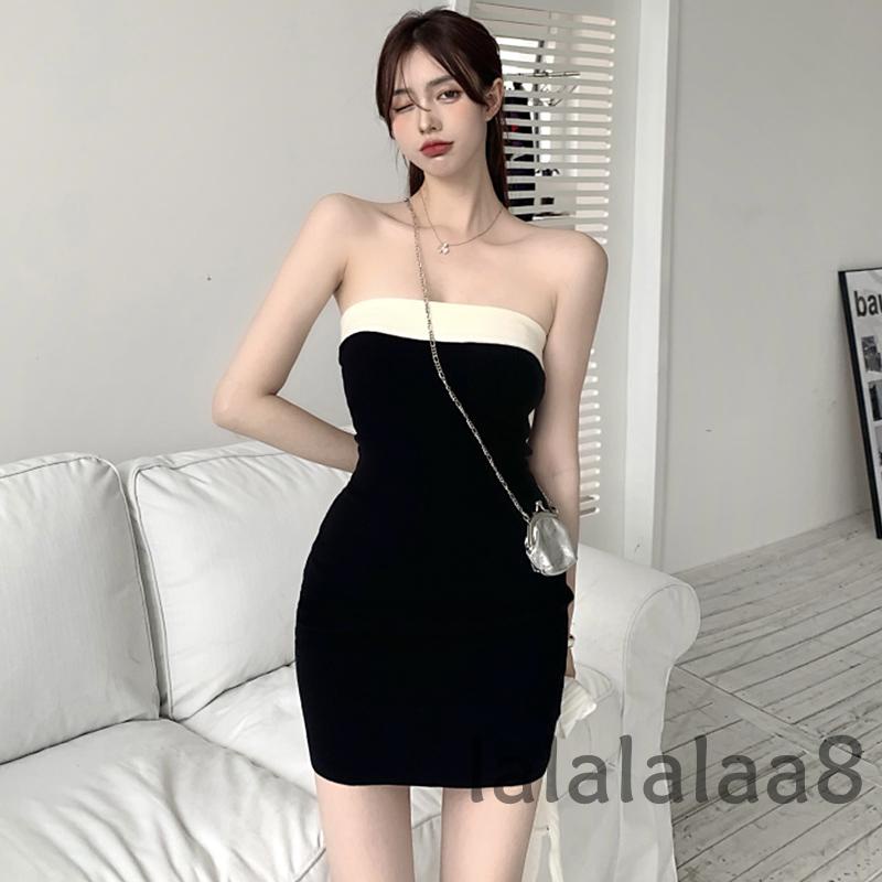 LAA8-Women´s Fashion Strapless Contrast Color Slim Fit Knitted Tube Dress