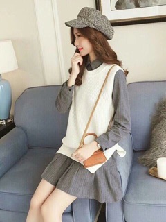 Set đầm sơmi+áo len