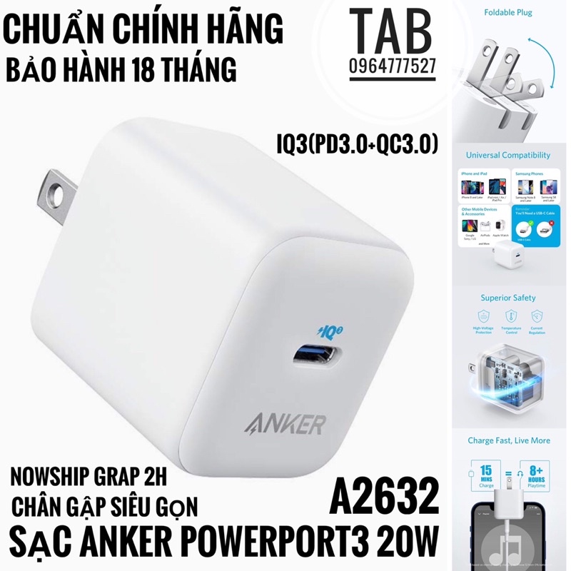 Củ Sạc Anker PowerPort 3 IQ3 20w - A2632 (Bảo Hành 18T)