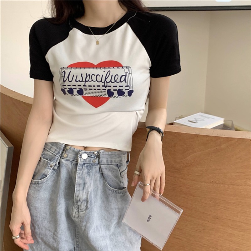 Áo Thun Crop top Cổ Tròn Tay Ngắn In Chữ Phối Màu Tương Phản Thời Trang Mùa Hè Cho Nữ JH-TX-253