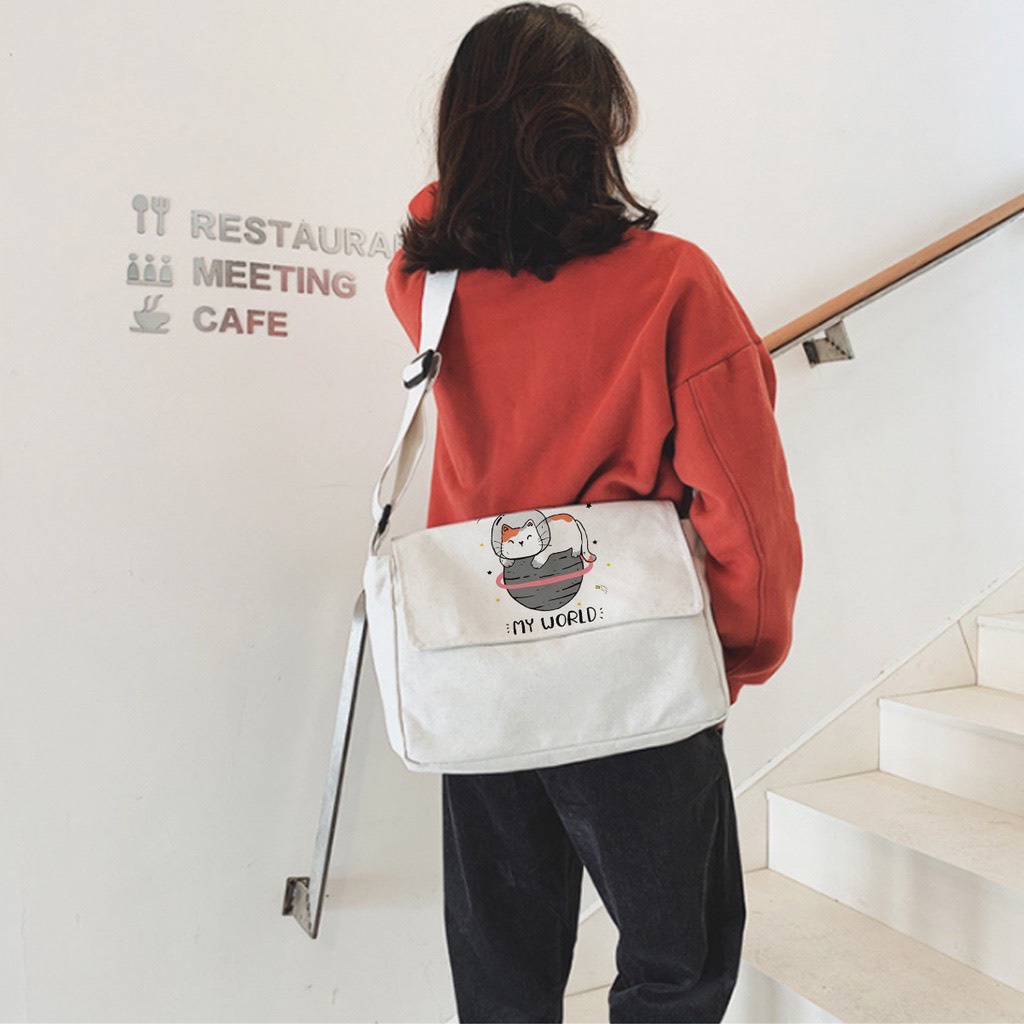 Túi Tote Vải Canvas Nữ Đeo Chéo MY WORLD mèo xinh kute đi học giá rẻ TD08 Tuidepstore