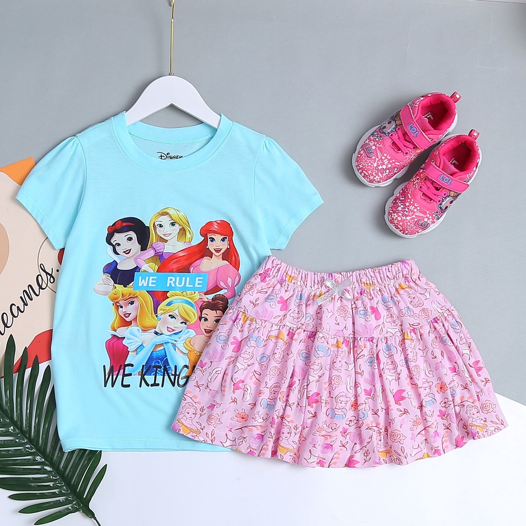 Set áo + váy ngắn tay thun cotton bé gái in 3D Disney Bạch Tuyết, Elsa, Mickey và Pony size 4-14T