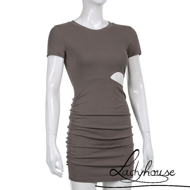 Đầm ôm dáng tay ngắn cổ tròn màu trơn thiết kế thời trang cho nữ