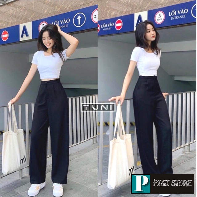 Quần ống rộng suông nữ dáng dài lưng cao công sở 1 cúc trước PIGI TORE Mã 10
