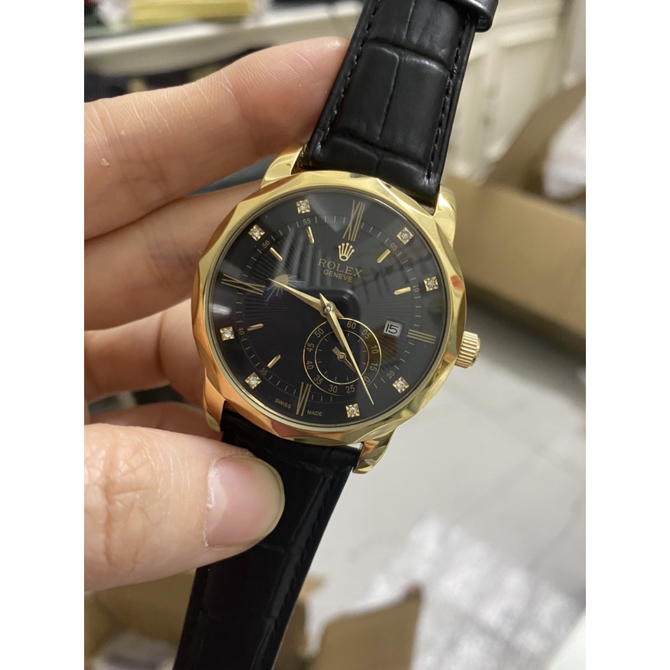 Đồng hồ Nam Rolex trăng sao cơ automatic mặt đen vỏ vàng gold dây da - dây kim loại size 40mm