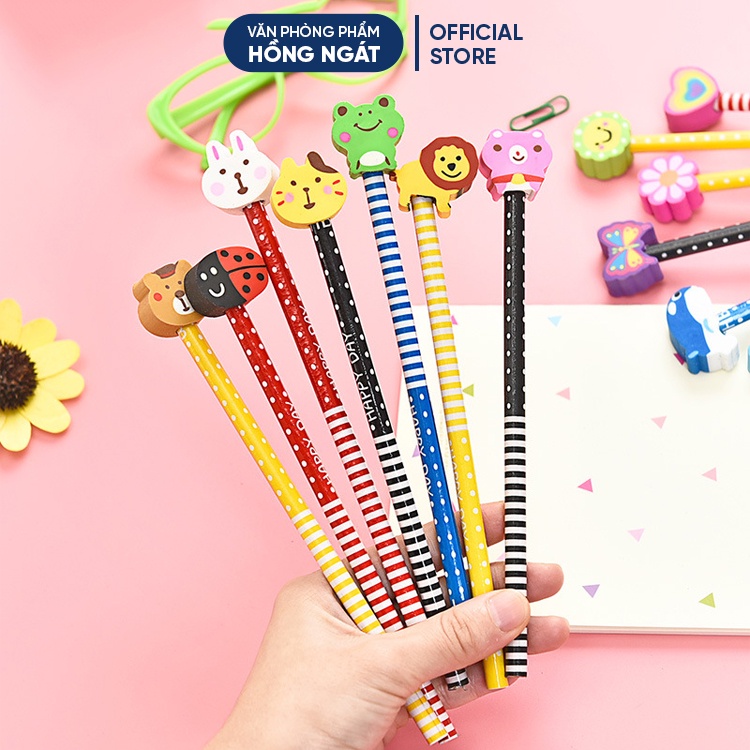 Bút chì gỗ cute đầu tẩy hoạt hình, đồ dùng học tập dễ thương văn phòng phẩm quà tặng học sinh B38