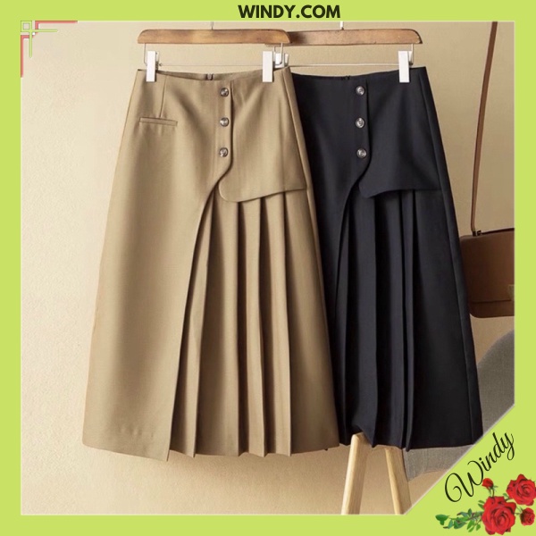 Chân VÁy Chữ A xếp ly 3 cúc cao cấp 2 màu nâu, đen chất vải mềm mịn, dáng váy đẹp WD456