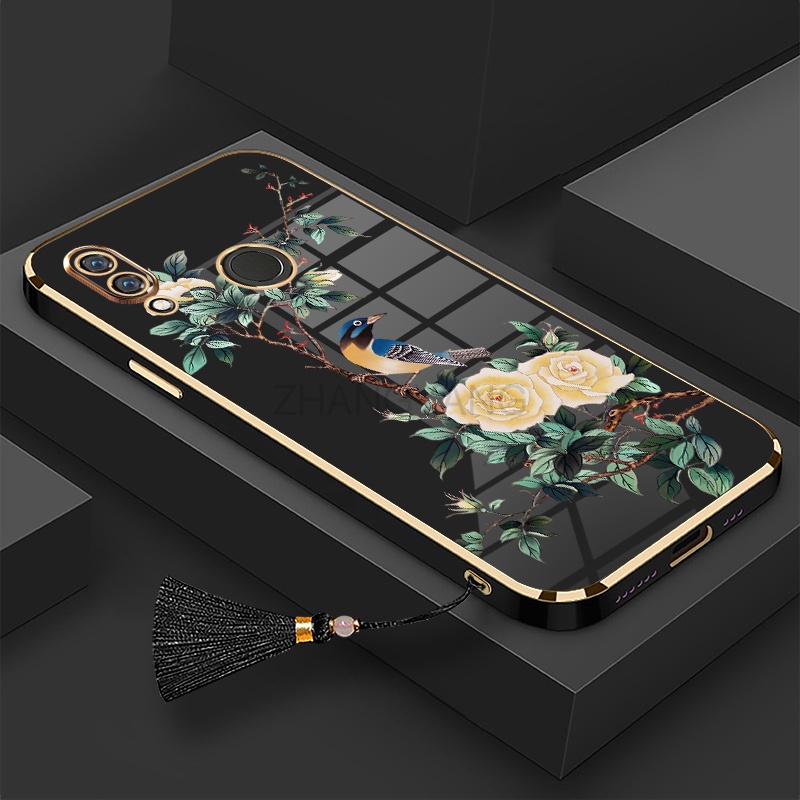 ốp lưng Huawei y7 2019 y7 prime 2019 y7 pro y6 2019 y6s y6 pro 2019 Vỏ điện thoại di động TPU hoa văn chim và hoa được mạ điện có dây buộc tua