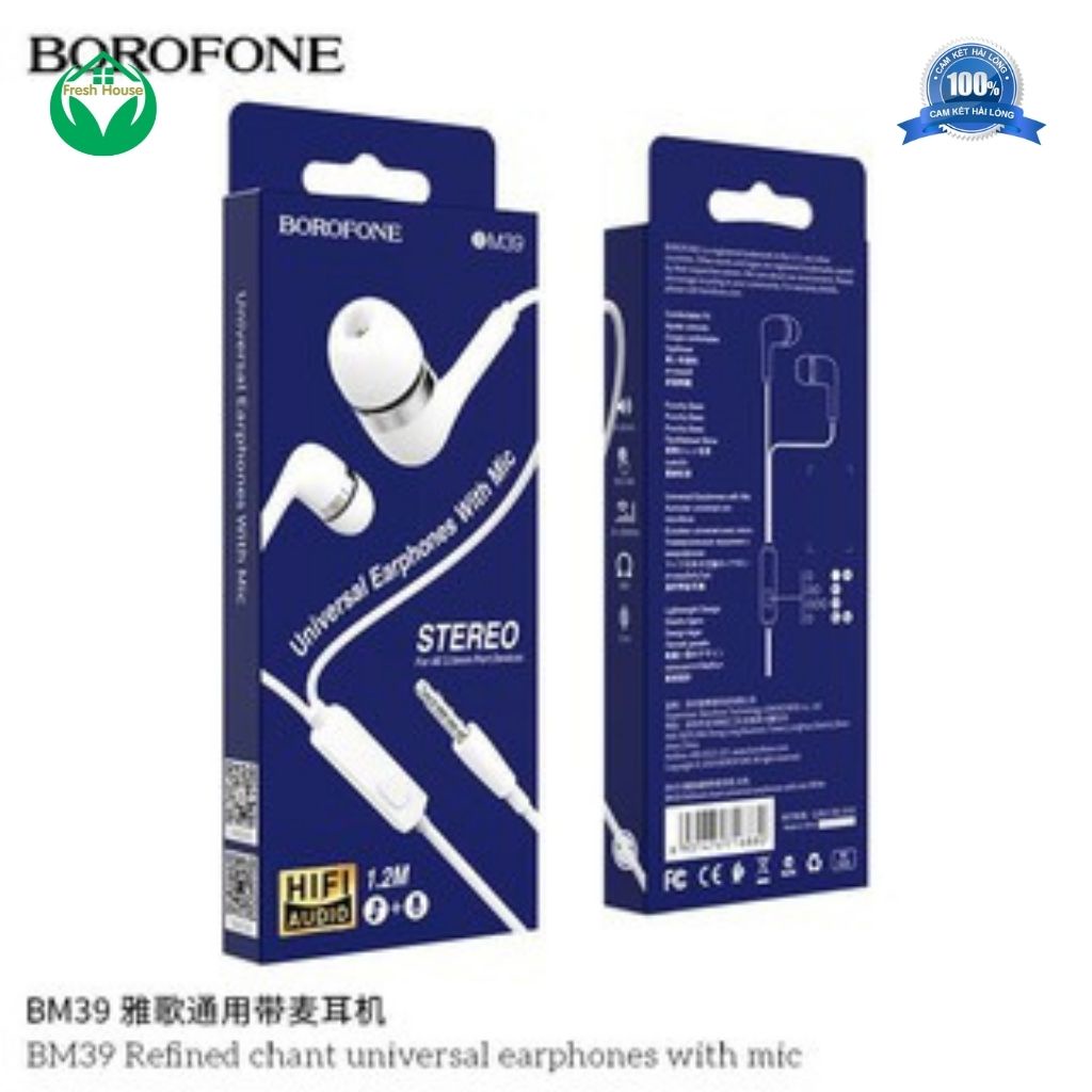 Tai nghe có giây Borofone BM39, Tai nghe có giây kèm mic Lọc nhiễu và tiếng ồn cho âm thanh trong suốt, rõ ràng.