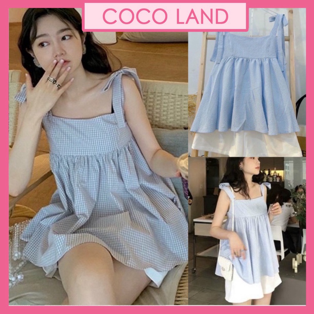 Bộ quần áo nữ set style Hàn Quốc Set áo babydoll hai dây thắt nơ kẻ xanh và quần short trắng cực xinh B405 coco l