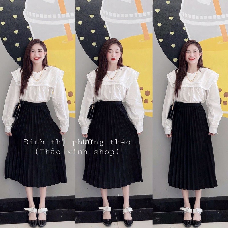 Sét áo sơmi bèo pha ren mix chân váy dập ly dài. Chất lụa đũi bao mềm đẹp. | BigBuy360 - bigbuy360.vn