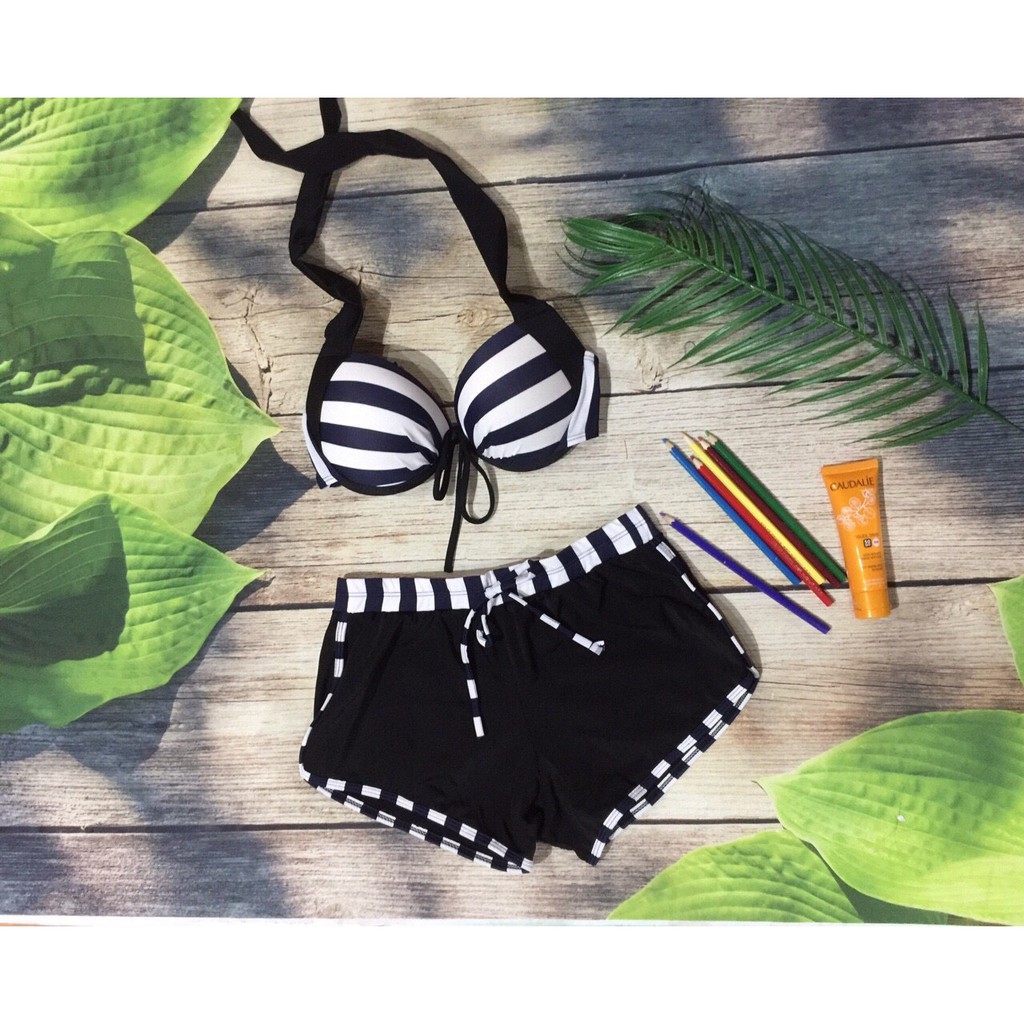 Bikini đồ bơi nữ thời trang quần short họa tiết sọc