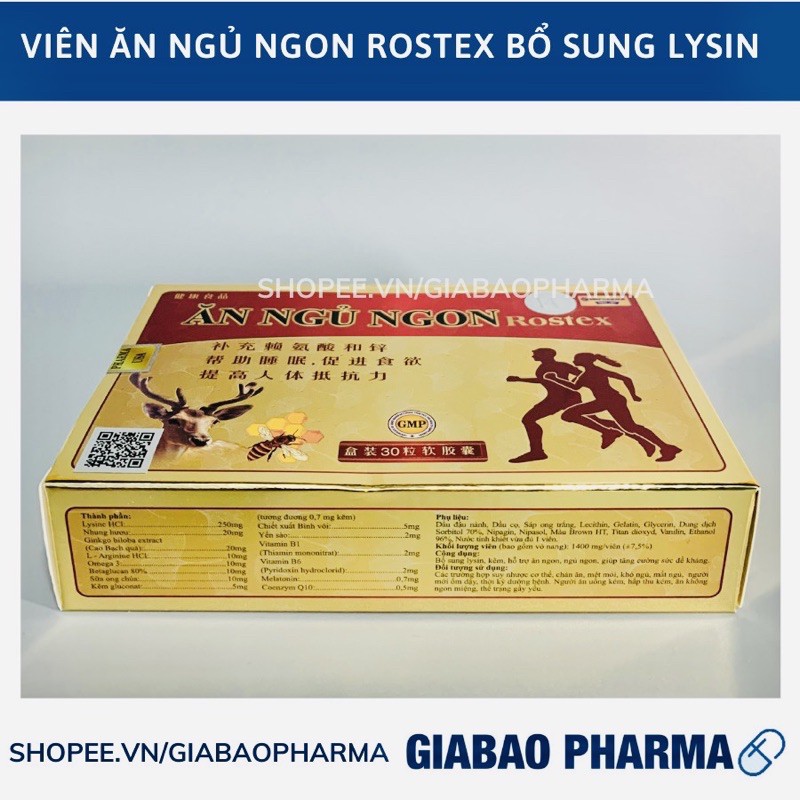 Viên Ăn Ngủ Ngon Rostex bổ sung omega 3, lysin, kẽm loại bỏ mất ngủ, căng thẳng, stress - Chai 60 viên/30 viên