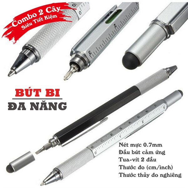 Bộ 2 Cây Bút Bi 6 in 1 Đa Chức Năng Đầu Bút Cảm Ứng Chạm Màn Hình Tích Hợp Tua Vít Tiện Lợi (mực đen) - Hàng Chính Hãng