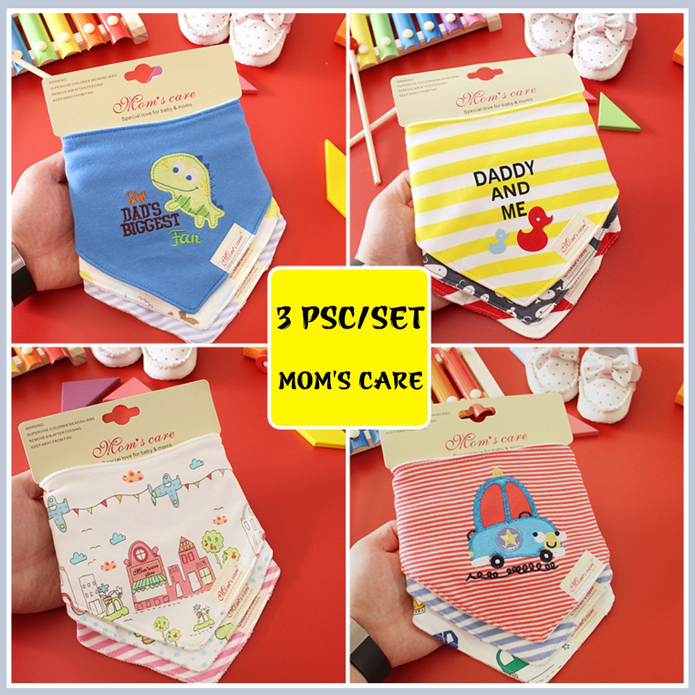 Set 3 Khăn yếm tam giác Mom's Care QUẢNG CHÂU 2 lớp dày dặn, có cúc bấm tiện lợi cho bé (MỚI)