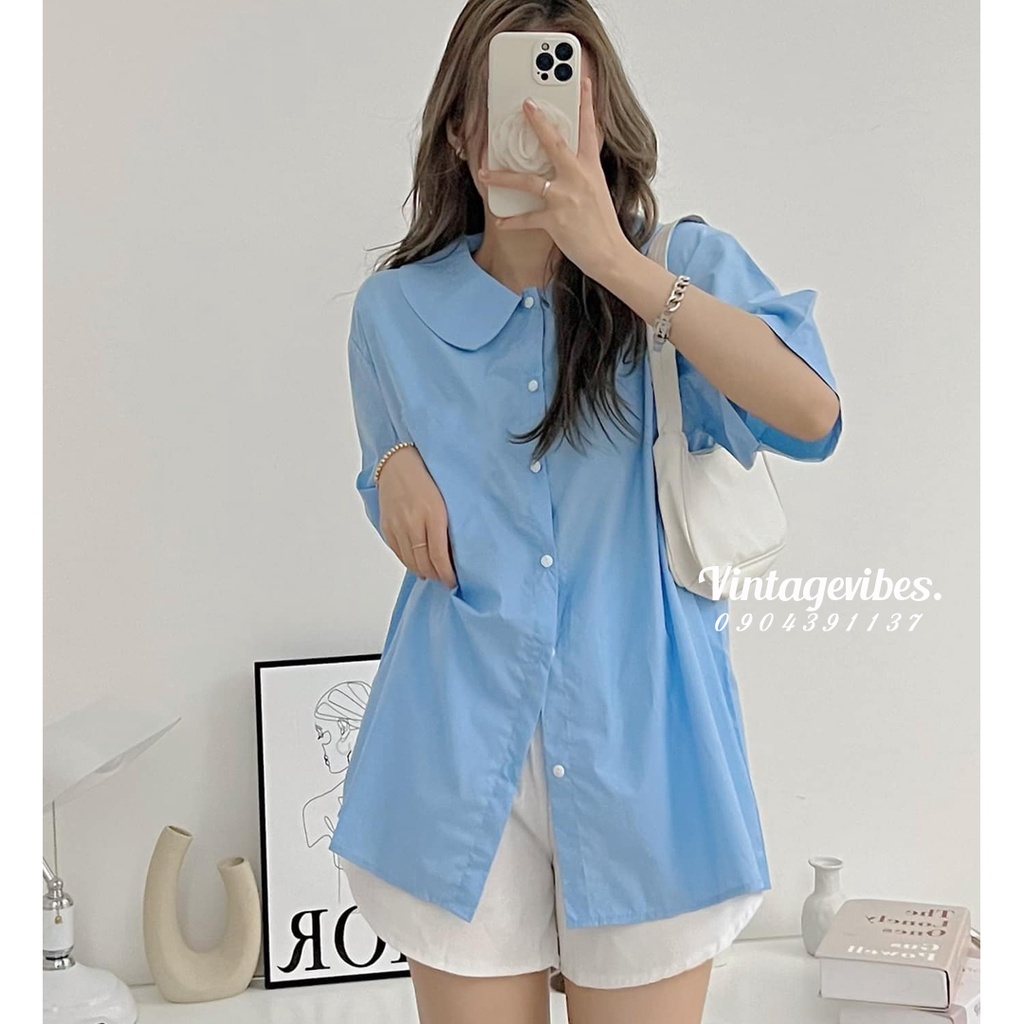 Áo sơ mi dáng rộng nữ, Áo sơ mi cổ sen 2 màu thanh lịch phong cách Hàn Quốc