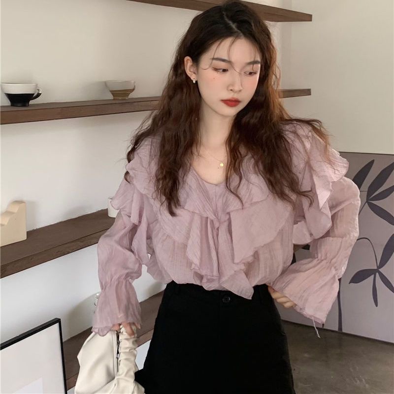 Áo Sơ Mi Chiffon Cổ V Tay Dài Phối Bèo Kiểu Retro Pháp Thời Trang 2022 Cho Nữ