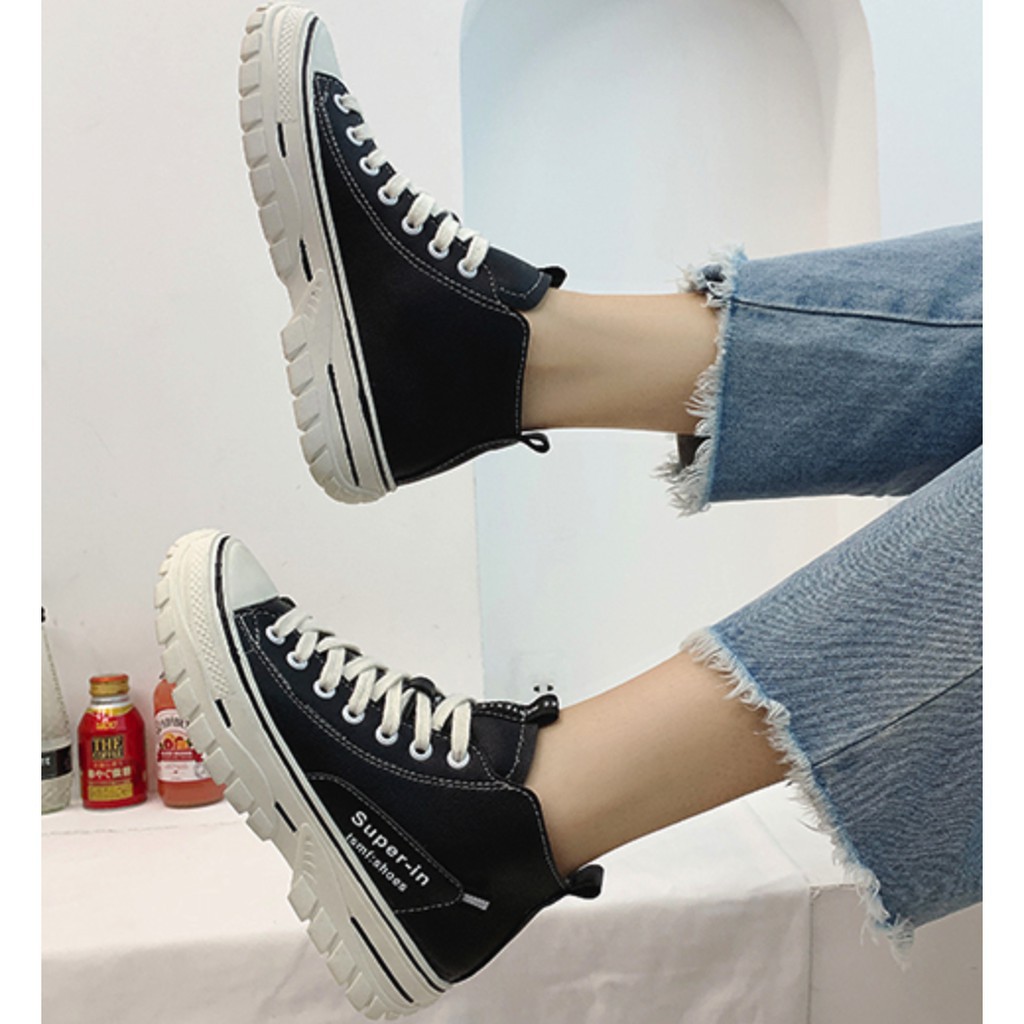 🌺Giày Nữ Cao Cổ B59/ Giày Da Trần Chỉ/ Đen Trắng/ Đế Răng Cưa 4cm