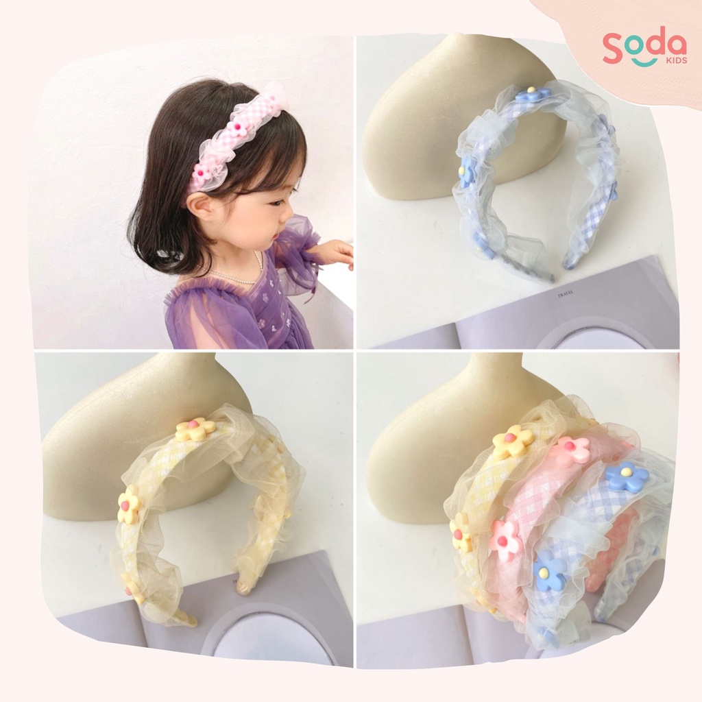 Bờm tóc bé gái SODA KIDS họa tiết caro phối voan đính hoa xinh xắn, phong cách tiểu thư