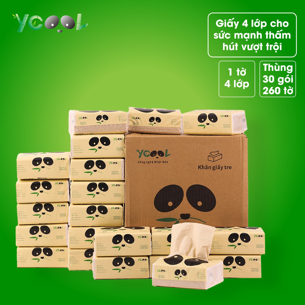 Giấy ăn gấu trúc khăn giấy tre YCOOL 3 bịch 30 gói 300 tờ chính hãng