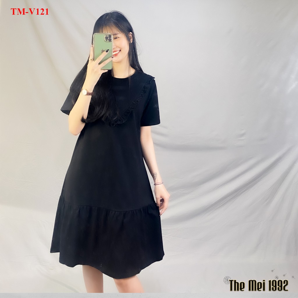 Váy thun suông nữ The Mei 1992 - Đầm bầu bigsize cố tròn kèm viền bèo dáng đuôi cá chất cotton thoáng mát | BigBuy360 - bigbuy360.vn