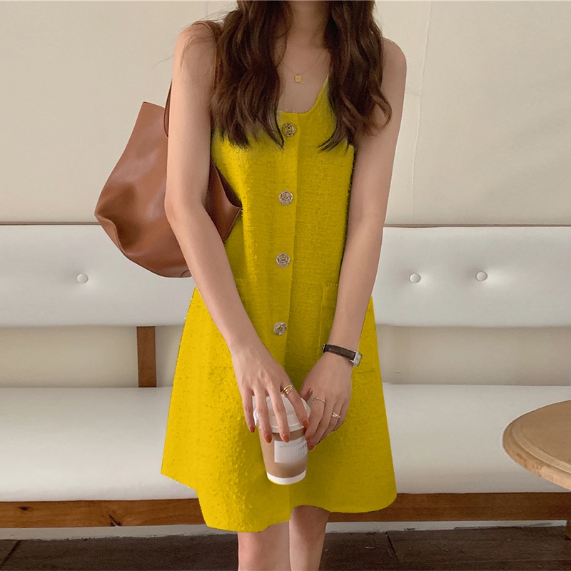 Đầm midi VONDA cài nút màu trơn phong cách Hàn Quốc thời trang cho nữ