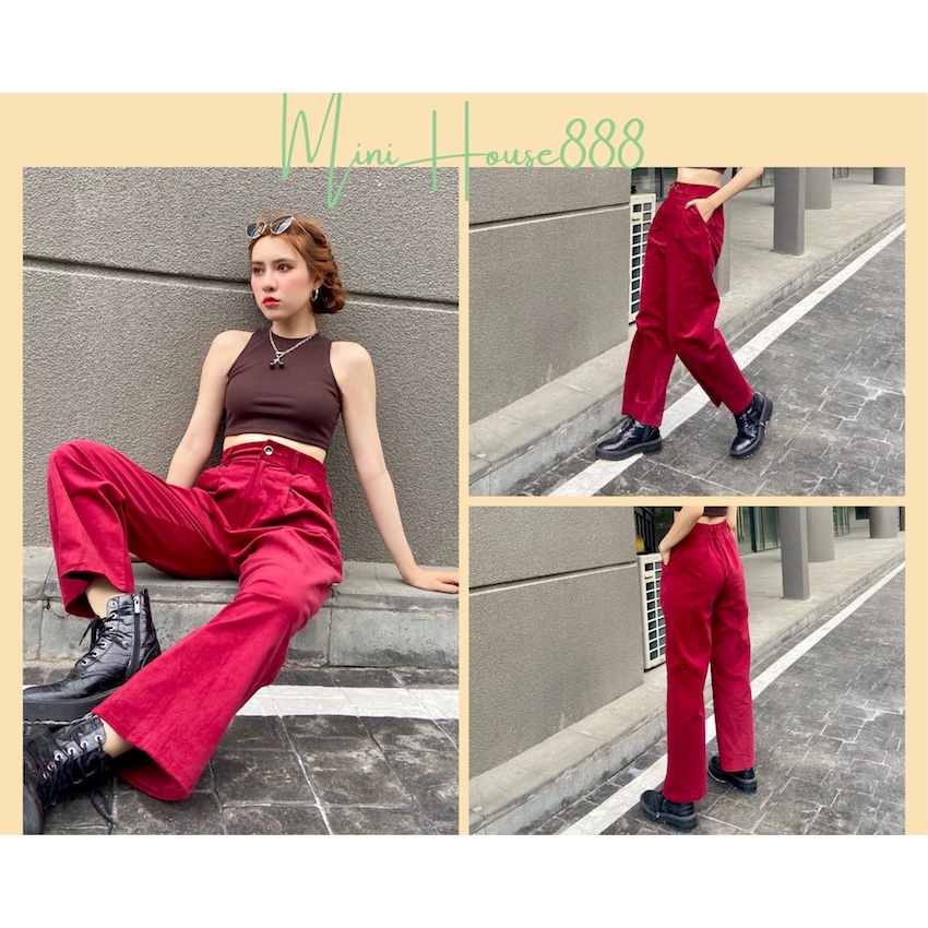 (Ảnh Thật , Sẵn ) Quần Nhung Đỏ Thắm Lưng Chun sau Ống Suông Phối áo Ba lỗ ngắn croptop nâu đậm Minihouse888