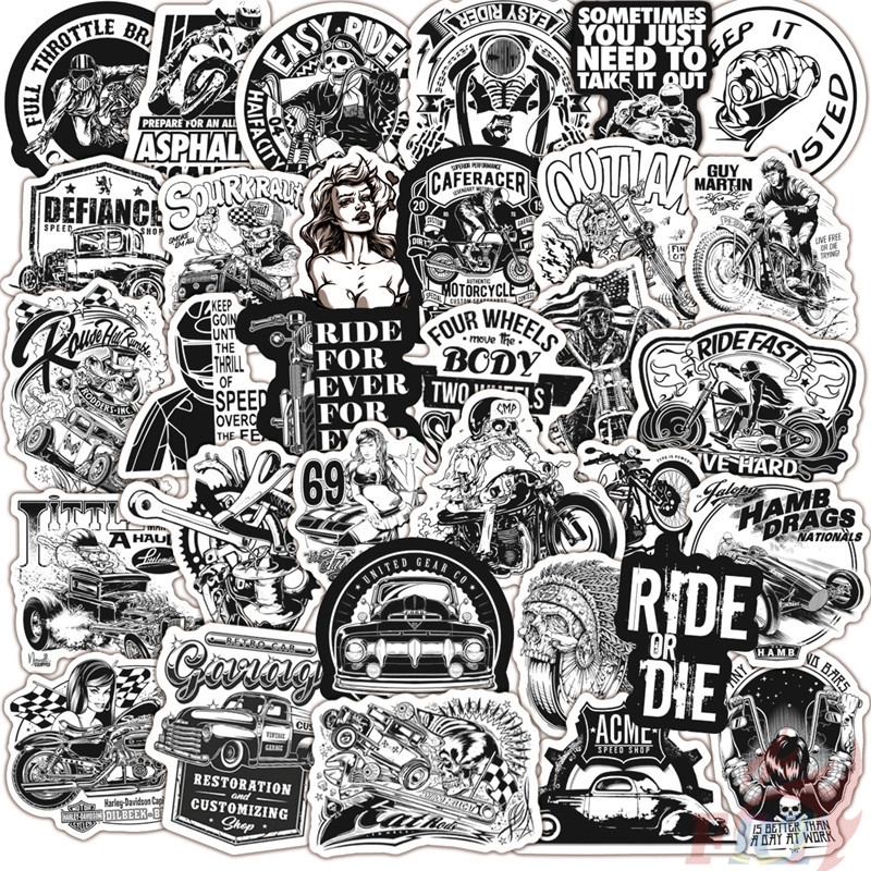Bộ 50 miếng dán nguệch ngoạc phong cách punk đen cực ngầu họa tiết Harley Motor - Series 06 cho hành lý laptop ván trượt