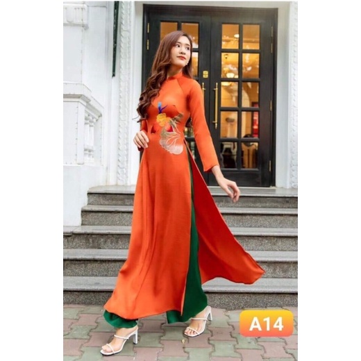Áo dài màu cam - hàng thiết kế thêu cao cấp
