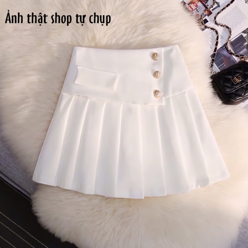 Chân váy tennis xếp ly ngắn lưng cao chữ A đen trắng trẻ trung năng động vạt chéo 3 khuy vải dày có bigsize CV24
