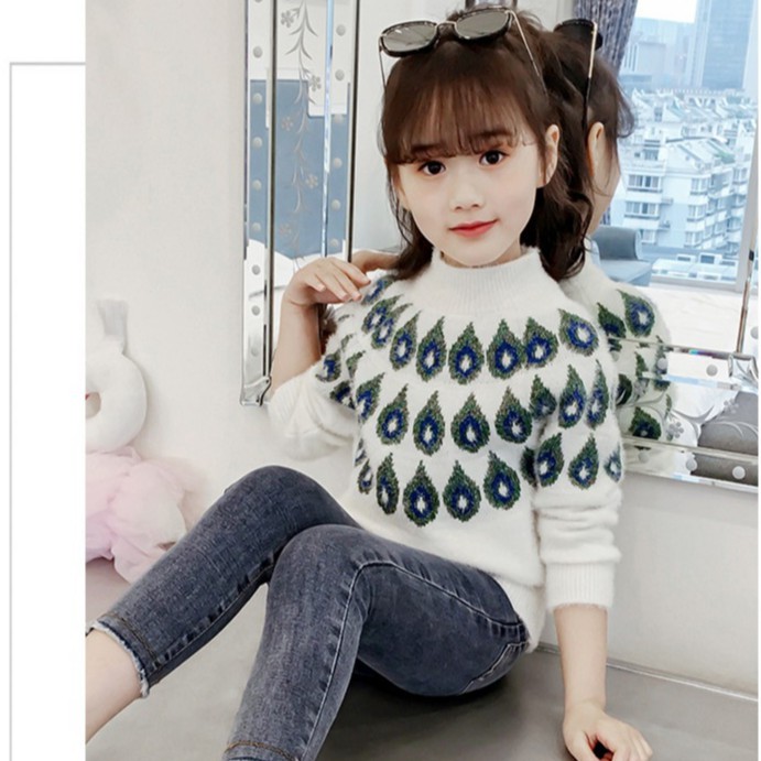 Áo len bé gái lớn họa tiết lông công siêu đáng yêu size 15-40kg [AL16]