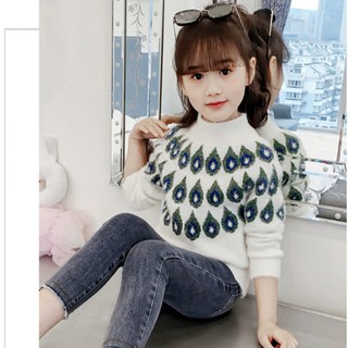 Áo len bé gái lớn họa tiết lông công siêu đáng yêu size 15-40kg [AL16]