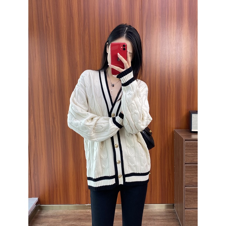 Áo khoác len cardigan nữ dài tay cổ V viền 2 màu đen trắng cúc ngực phong cách Hàn Quốc hàng Quảng Châu đẹp K-18.1