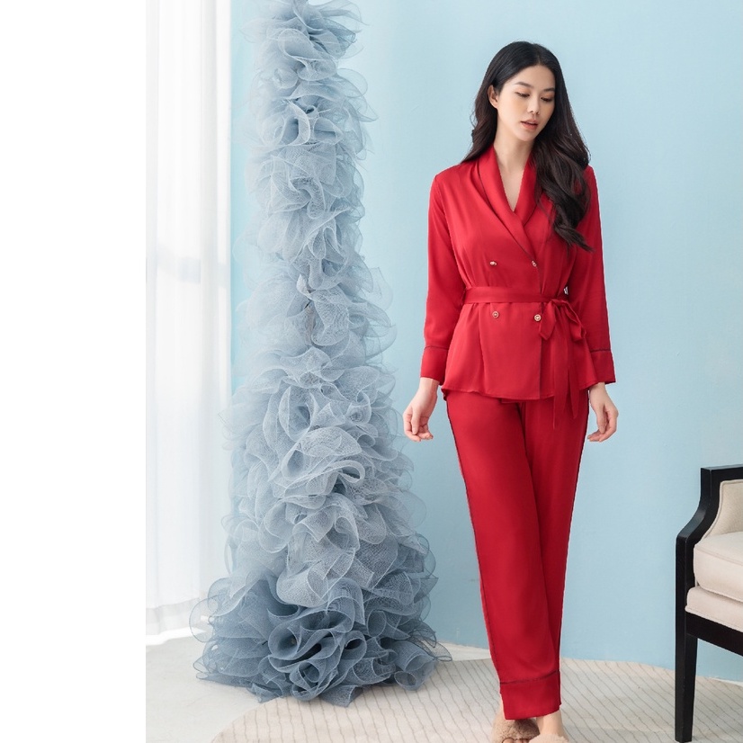 Bộ ngủ satin ZAM Luxury - SET08 - áo dài tay quần dài đỏ trơn