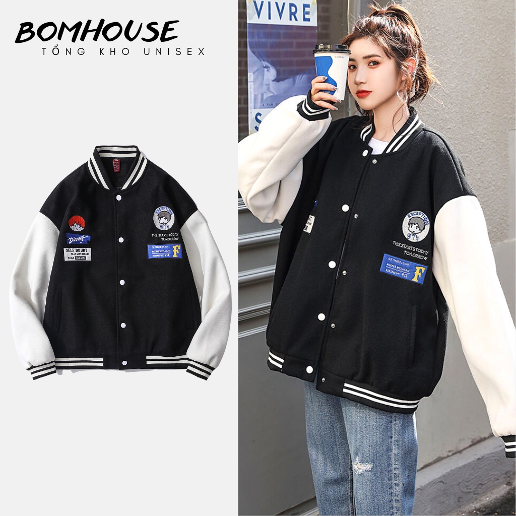 Áo Khoác Bomber Jacket BOM HOUSE Nỉ Unisex Nam Nữ