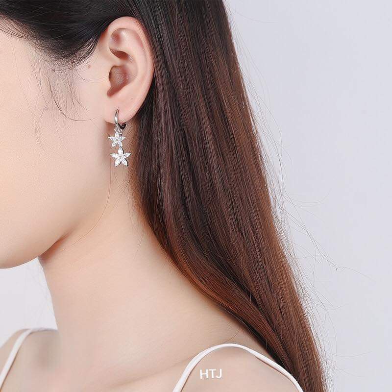 Bông tai bạc 925 Bông hoa 2 tầng đính đá Van Jewelry V10160