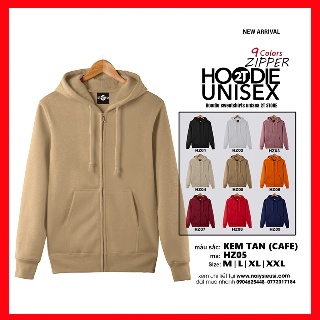 Áo hoodie zipper unisex 2T Store HZ05 màu kem tan Cafe - Áo khoác nỉ dây kéo nón 2 lớp dày dặn chất lượng đẹp | BigBuy360 - bigbuy360.vn