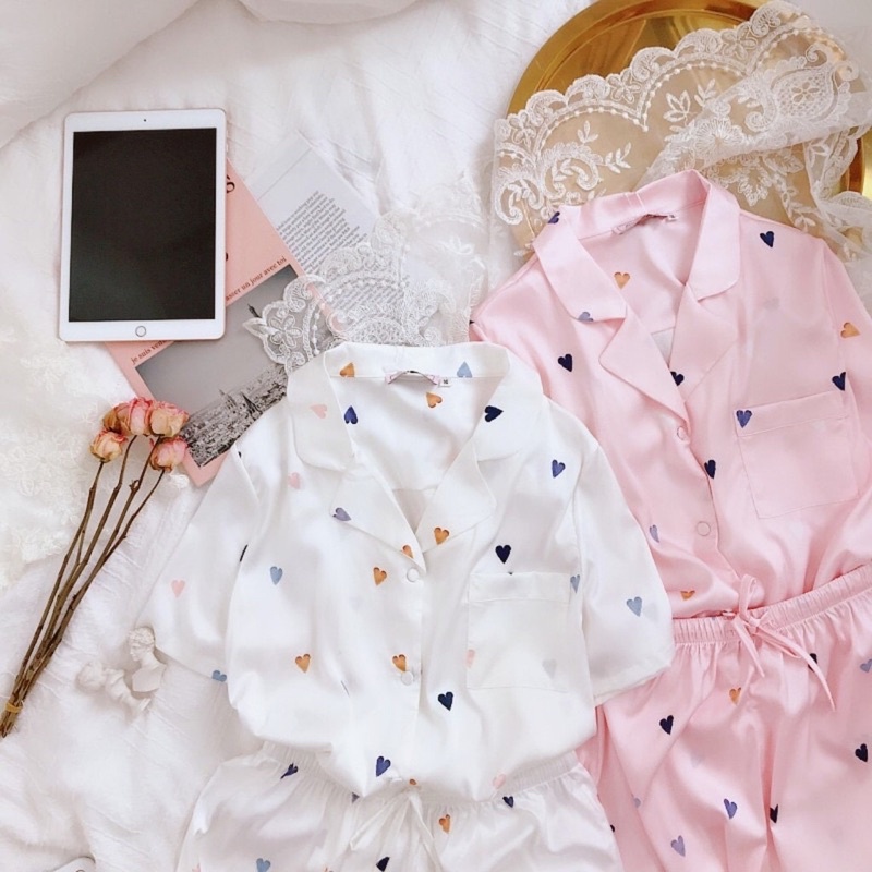 Vải xịn Pyjama đồ bộ mặc nhà sleepwear lụa satin cao cấp dễ thương phong cách Hàn quốc có tay áo quần đùi hình trái tim