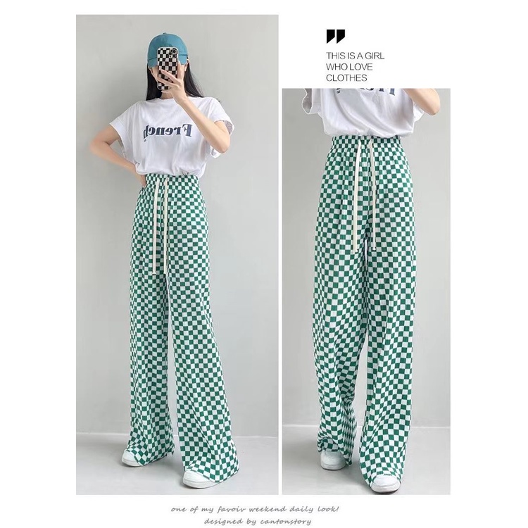 Quần Jogger Kẻ Sọc Ca Rô Ống Rộng Phối Dây Rút Thời Trang Dành Cho Nữ